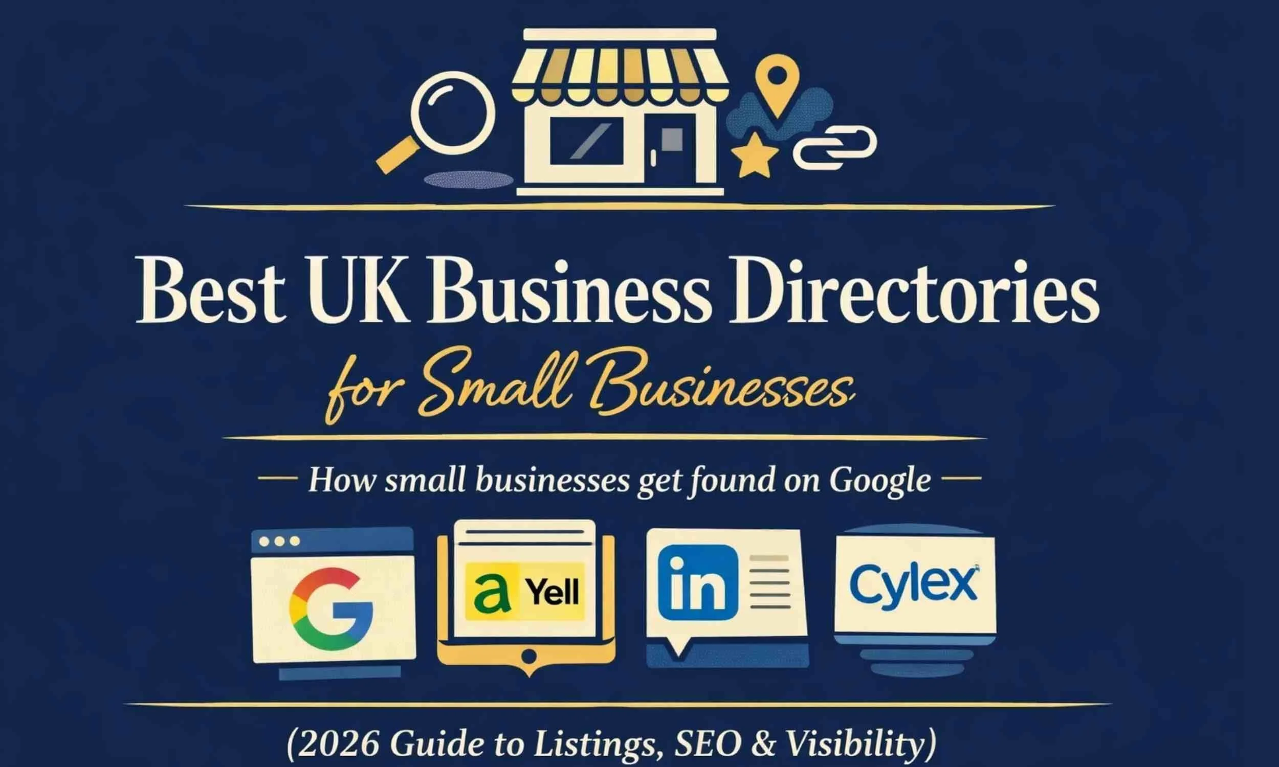 Best UK business directories for small businesses including Google, Yell, LinkedIn and Cylex, showing how listings improve SEO and online visibility on Google