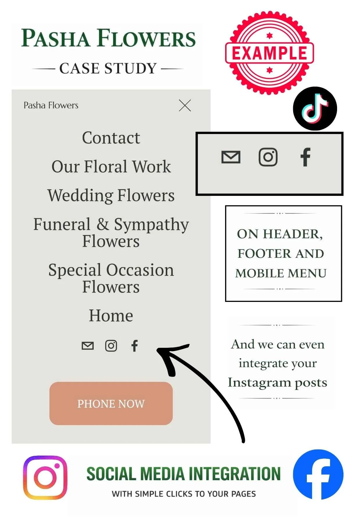 Social media integration added to the Pasha Flowers website including Instagram and Facebook, along with easy Email and Contact buttons