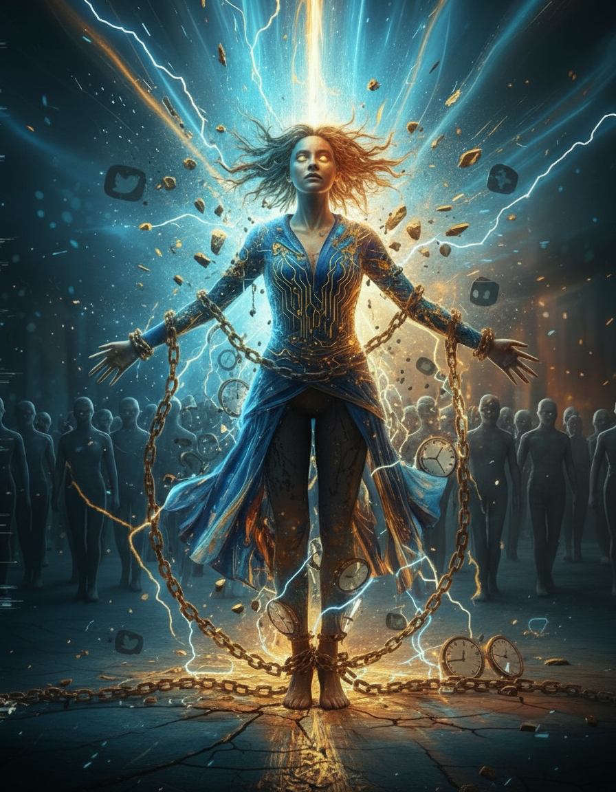 Mujer consciente rodeada de relojes rotos y energía, representando la salida del viejo sistema del tiempo y la activación del poder personal según el Método Numinosa Astral.