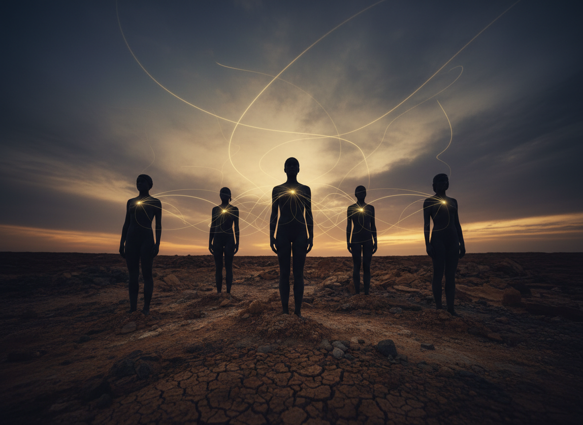 Grupo de humanos conscientes conectados energéticamente, simbolizando el proceso grupal de activación y entrenamiento de la nueva humanidad en Numinosa Astral.