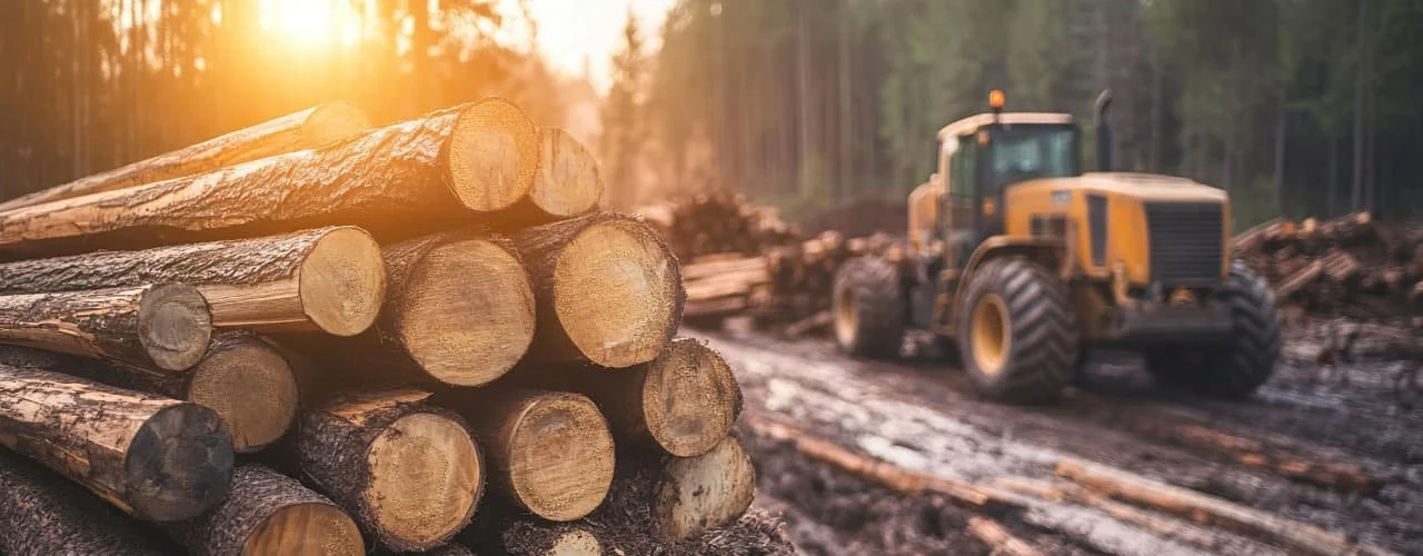 Stacked logs in the foreground with a yellow bulldozer working in the background in a forested area.