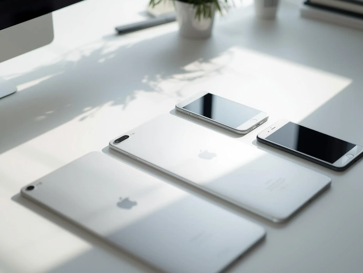 A white Apple laptop with three iPhones placed on top of it, on a white desk with shadows and a plant in the background.