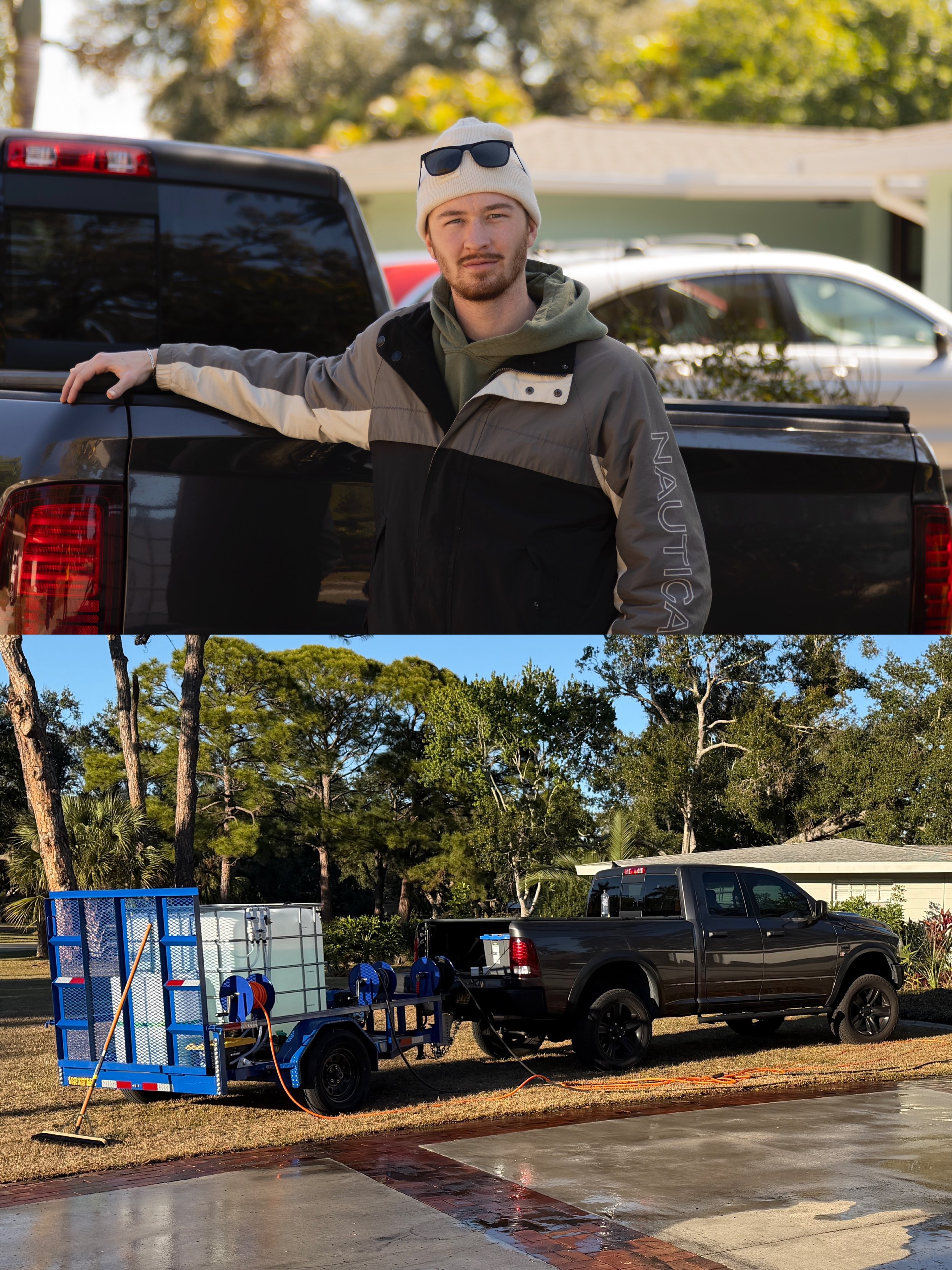 A young man with a beanie, sunglasses, and a jacket leaning on a black truck in a residential driveway. The scene shows trees and other vehicles in the background.