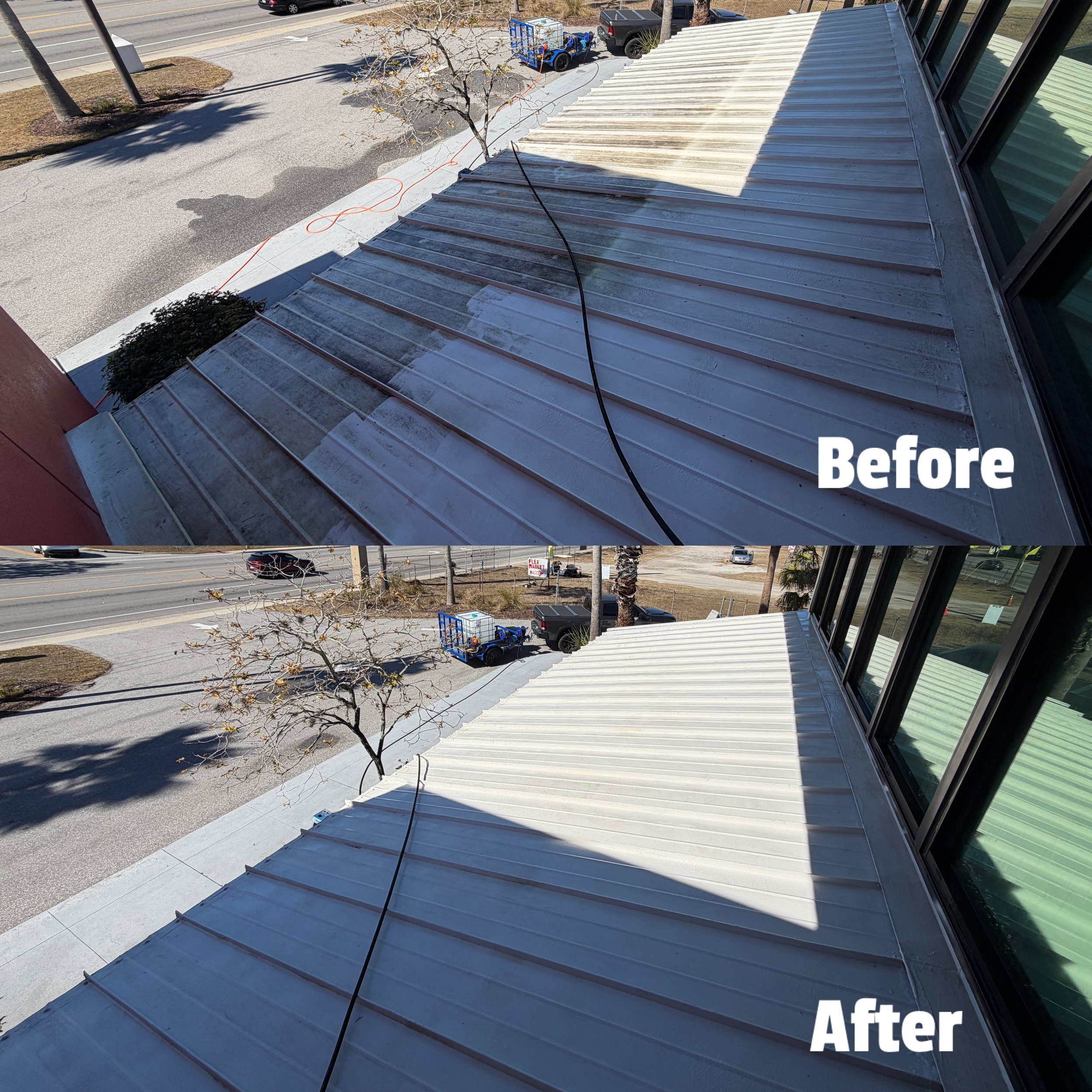 Comparison photo of a roof before and after cleaning or renovation. The top image shows a roof with dirt and stains, while the bottom image shows a clean, bright, and restored roof.