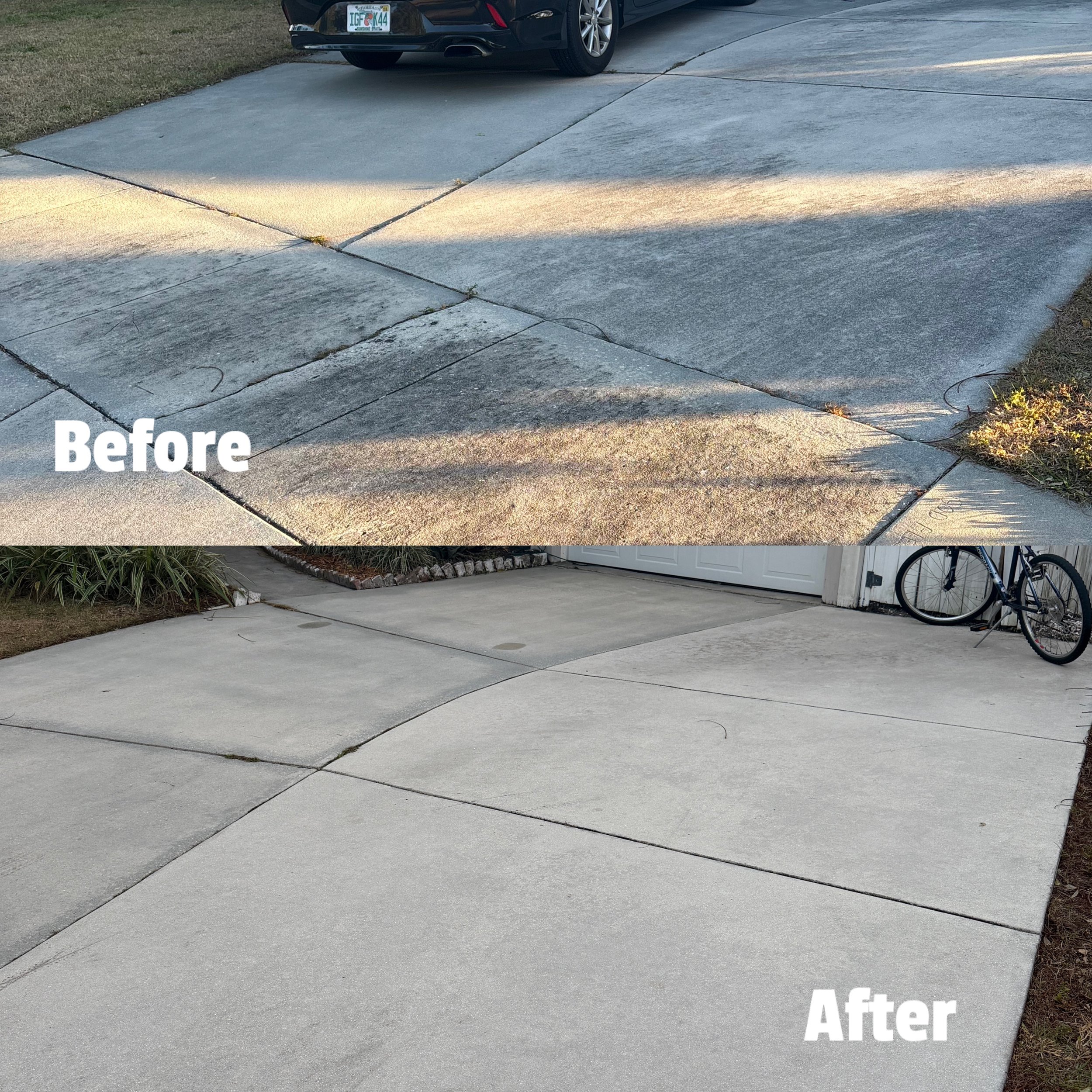 Side-by-side comparison of a concrete driveway before and after cleaning or resurfacing. The top image shows a dirty, stained, and weathered surface. The bottom image shows a clean, bright, and smooth new surface.