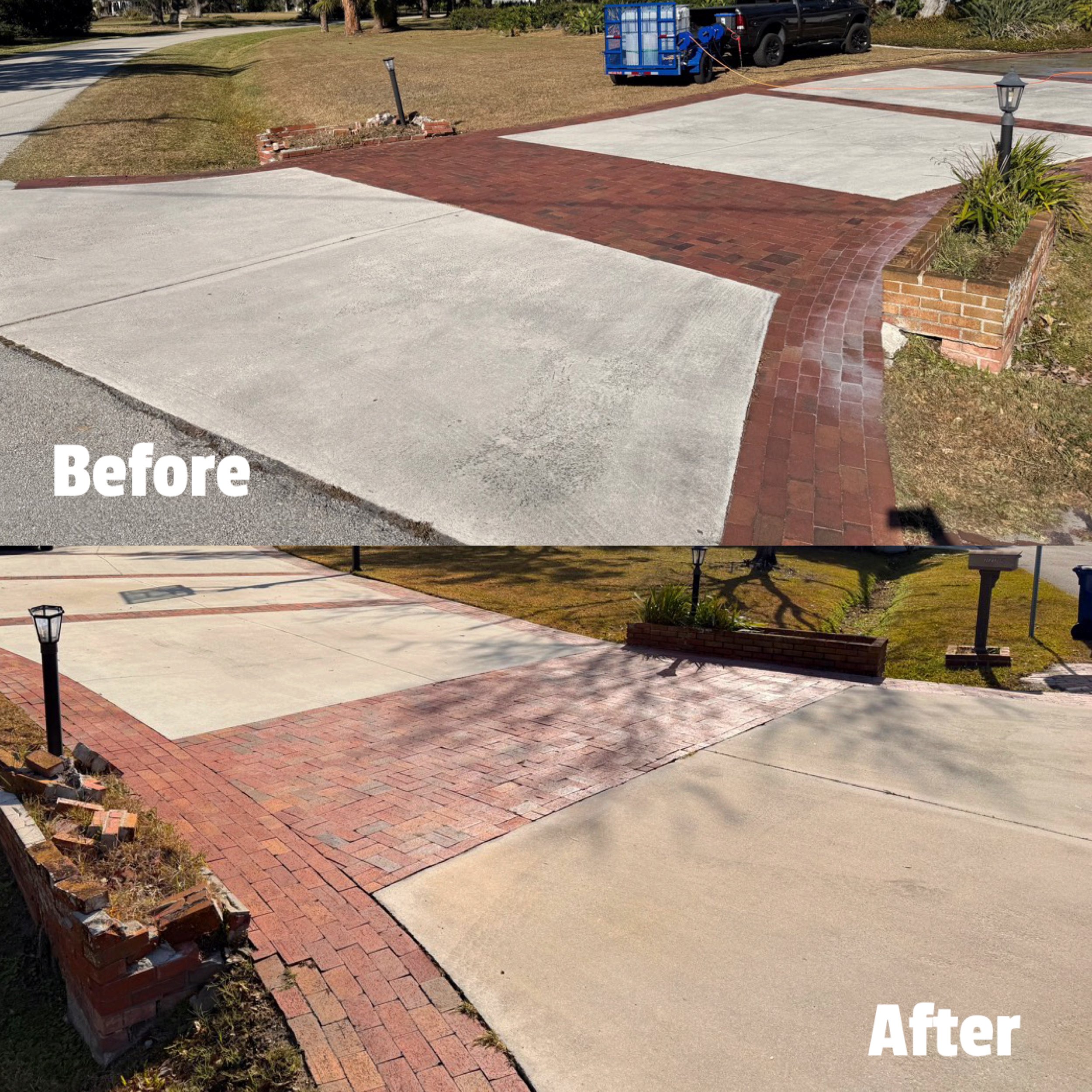 Comparison of a driveway before and after cleaning and restoring; the 'before' section appears dirtier and more worn, while the 'after' section looks cleaner and more polished with updated brickwork.