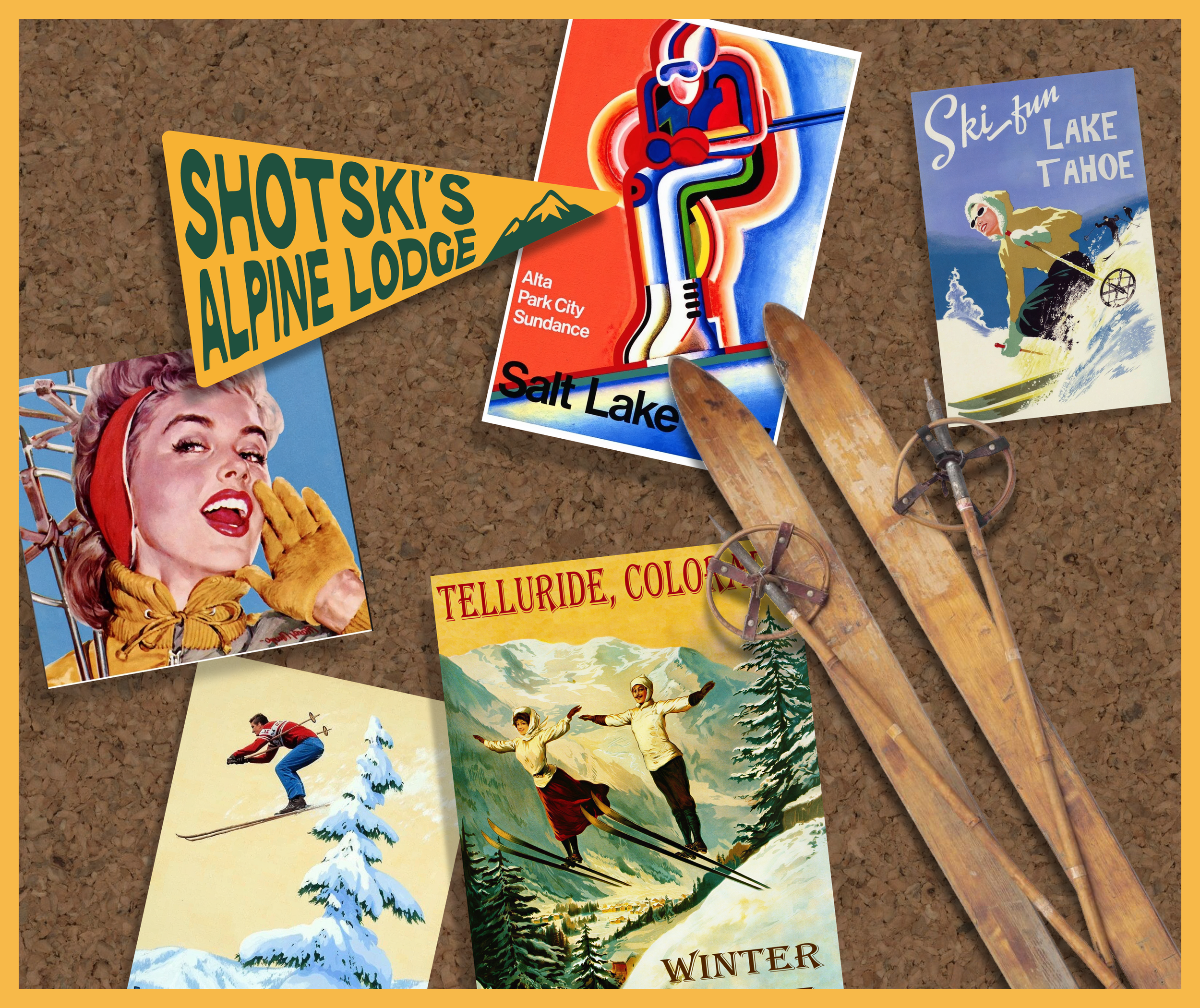 Vintage ski and winter sports posters on a corkboard, including one titled "Shotski's Alpine Lodge," a colorful ski lift illustration labeled "Salt Lake," a woman in ski gear, and a skier in action, with snow-covered trees and mountains in the background.