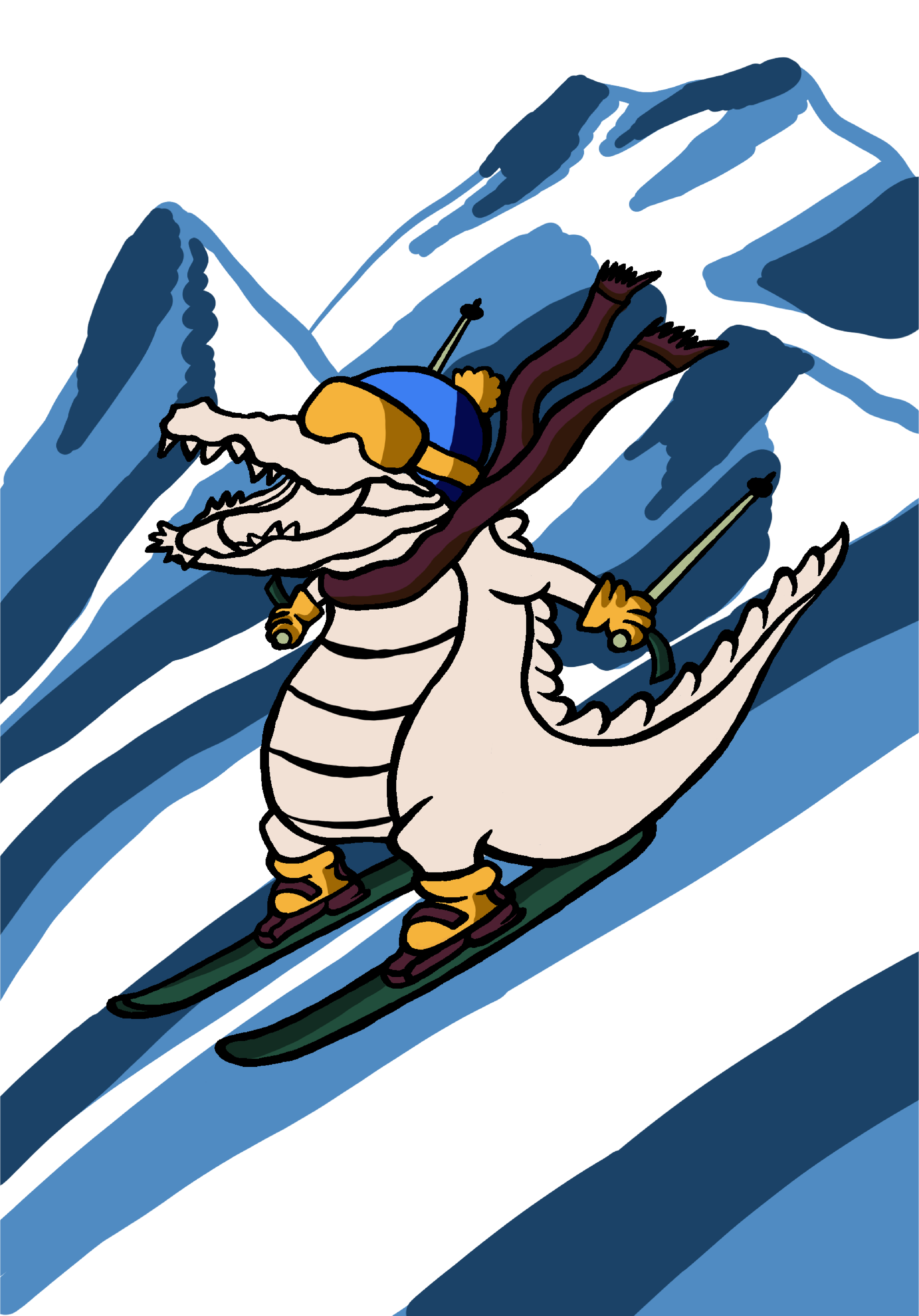 A cartoon-style illustration of a white alligator with an open mouth, yellow eyes, and a ski outfit skiing down a snowy mountain slope. The alligator is wearing ski gear and holding ski poles.