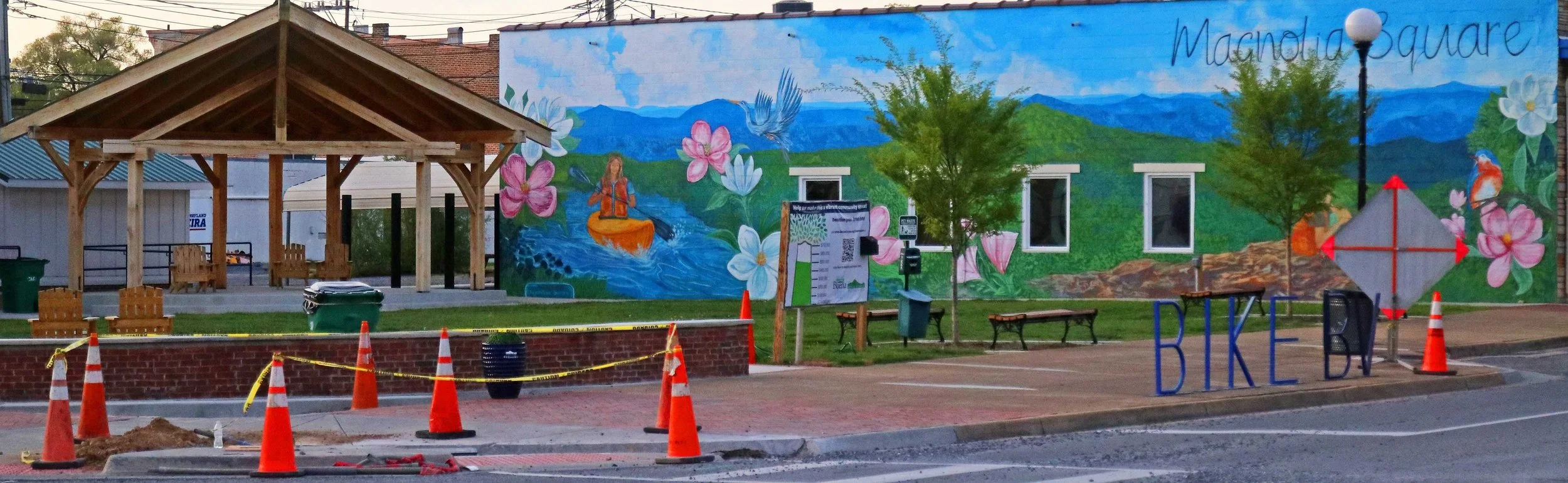 Magnolia Square on Magnolia Street Historic district in Buena VIsta, Virginia, has small amphitheater on left and large mural in right