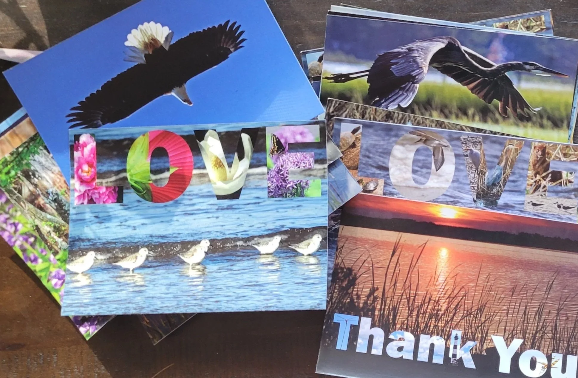 Random postcards on a table