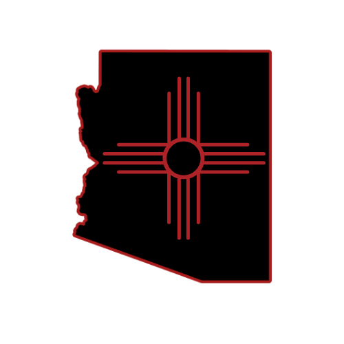 Outline of the state of New Mexico with the Zia symbol in the center, representing the New Mexico flag.