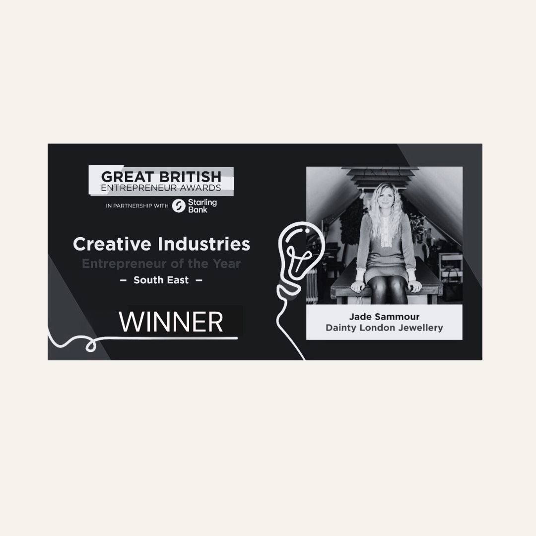 winner of the Entrepreneur of the Year in Creative Industries, Great British Entrepreneur Awards in partnership with Starling Bank, featuring a photo of Jade Sammour sitting on a bench. Product-based, retail-focused, PR-driven, UK female founders