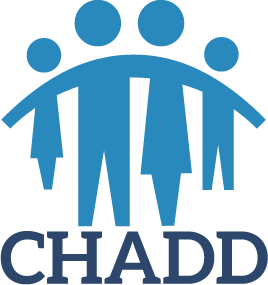 Logo with five stylized human figures above the word CHADD, representing a family or community.
