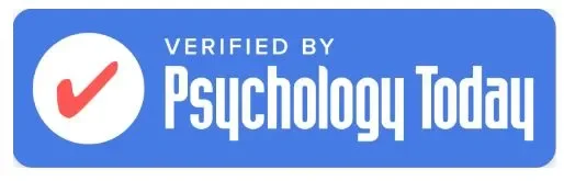 Verified badge from Psychology Today with a check mark and text in a blue rectangular background.