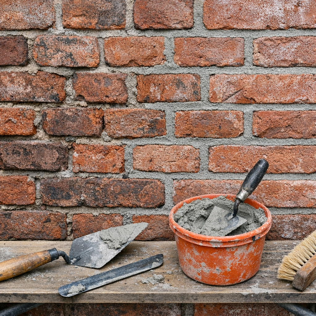 Various masonry tools including a trowel, a putty knife, and a brush, placed on a wooden work surface against a red brick wall.
