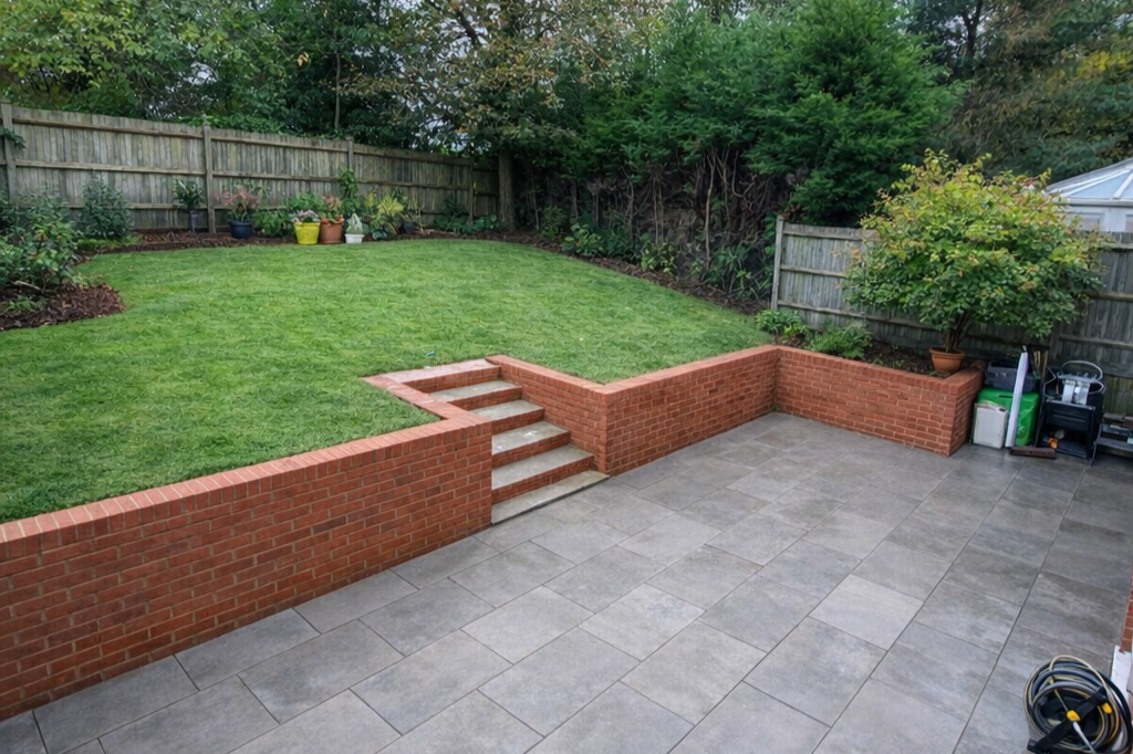 Backyard with tiled patio, brick steps, and a grassy lawn bordered by a wooden fence and shrubs.
