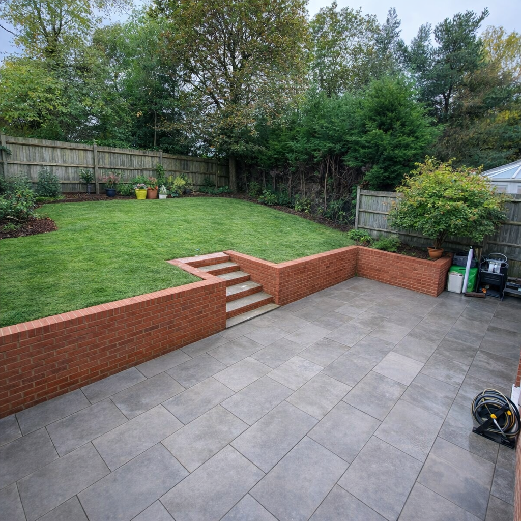 A backyard with a tiled patio, brick steps, a grassy yard, and a variety of potted plants along the fence. There are trees and shrubs in the background, with a wooden fence enclosing the yard.