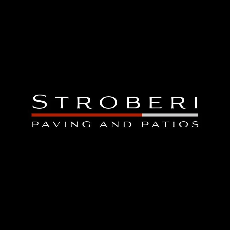 Logo for Strobari Paving and Patios with black background, white text, and red and gray line accents.