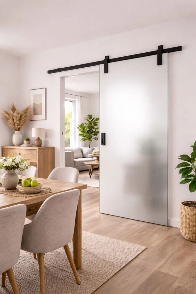 Ein modern eingerichteter Essbereich mit einem Holz-Essztisch, weißen Stühlen, Pflanzen und einem Schiebetürsystem, das einen separaten Raum trennt.