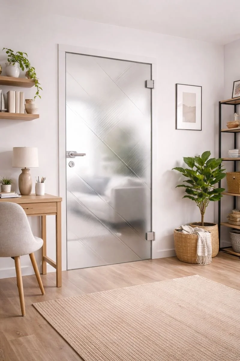 Innenansicht eines Raums mit einer metallene Tür, einem kleinen Schreibtisch mit Lampe und Dekoration, einer Stehlampe, einem großen Pflanzenkorb, einer schwach gemusterten Wandgestaltung und einem Regal mit Schachteln und Dekoartikeln.