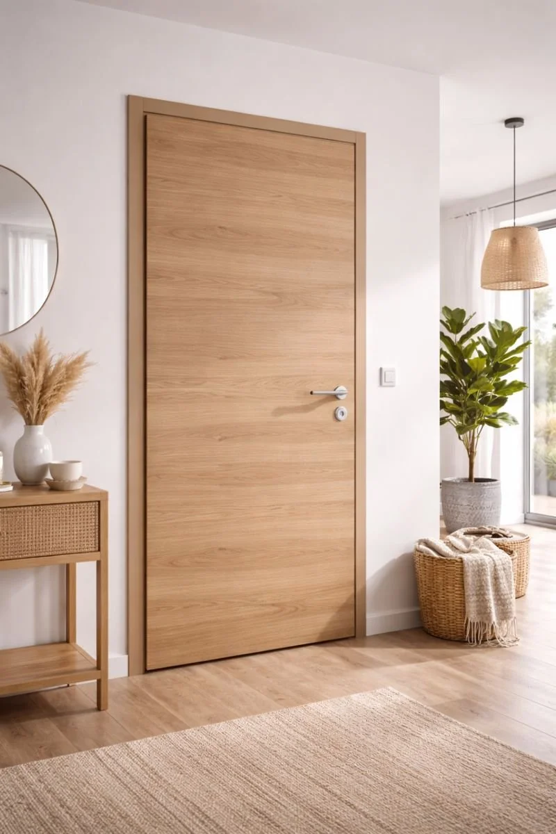 Innenansicht eines Wohnzimmers mit einer Holztür, einer Pflanze in einer großen Vase, einem Korb mit Decke und einem runden Spiegel an der Wand.