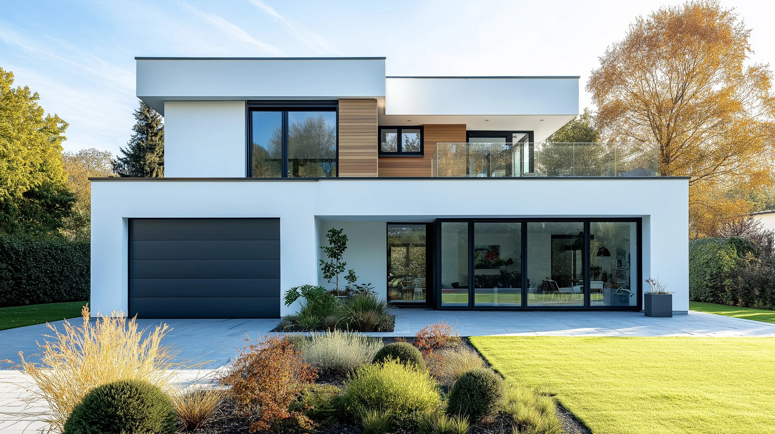 Moderne zweistöckige weiße Villa mit großen Glasfenstern, grauer Garage, Terrassenbereich mit Glasgeländer, und gepflegtem Garten mit Sträuchern und Bäumen im Herbst.