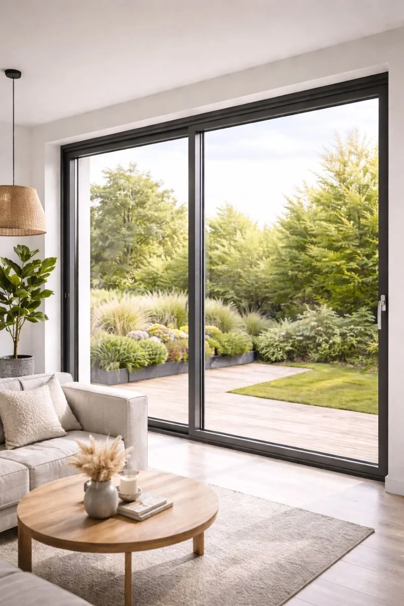 Modernes Wohnzimmer mit großen Glasschiebetüren, Blick auf einen Garten mit Bäumen und Pflanzen