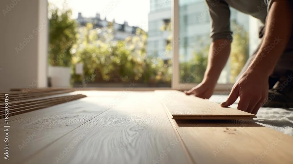 Nahaufnahme einer Person beim Verlegen von Holzdielen im Sonnenlicht, im Hintergrund befinden sich Pflanzen und Fenster
