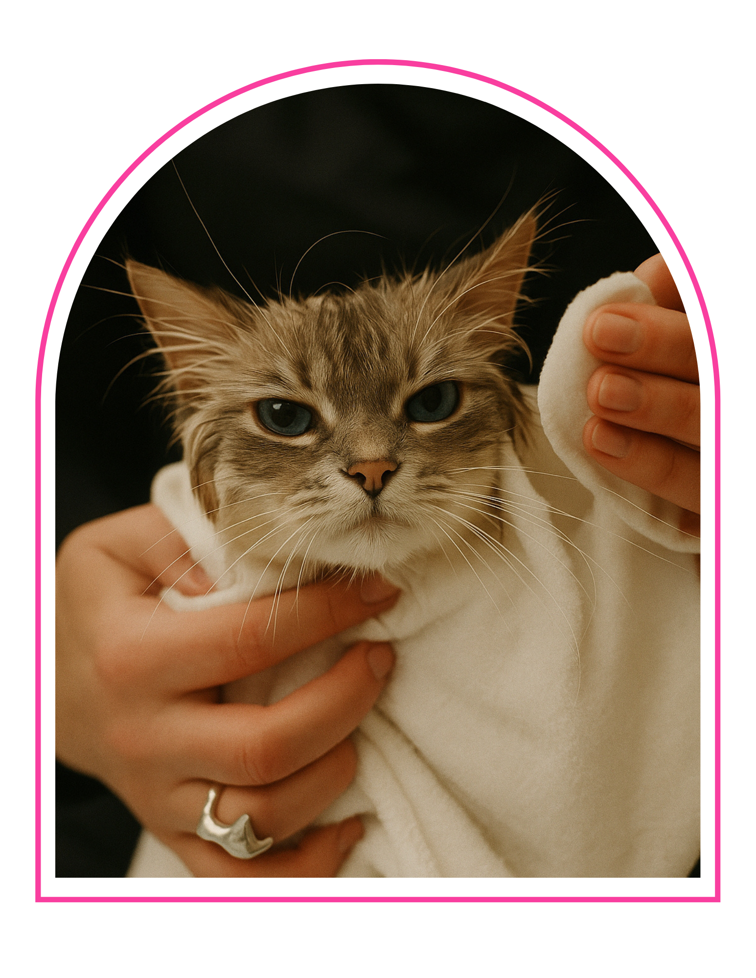 A person is gently holding and grooming a fluffy tabby cat with blue eyes, using a white cloth. The cat looks calm and relaxed.