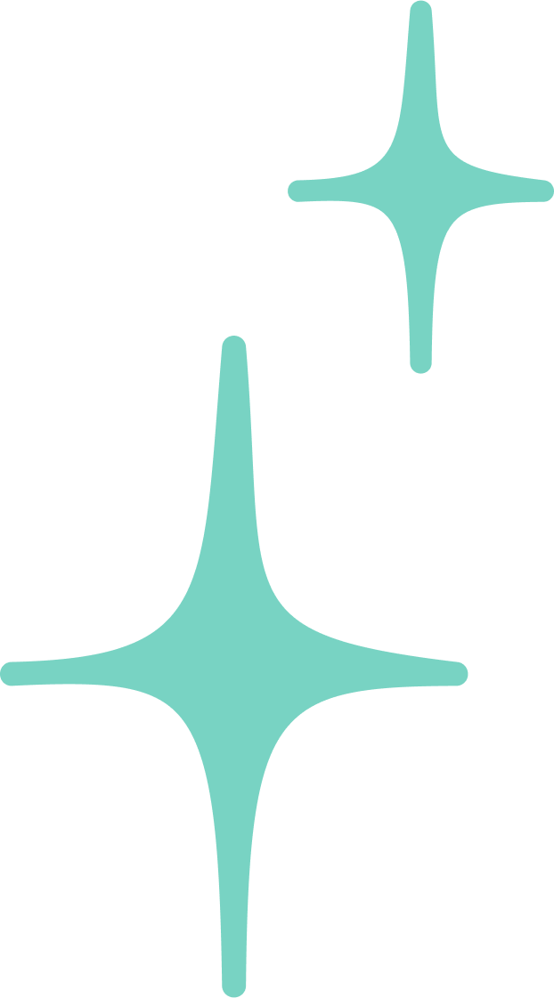Two stylized glittering star-like shapes in teal color, one larger below and one smaller above, on a black background.