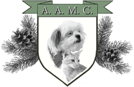 A logo with the text 'A. A. M. C.' above a shield featuring a dog and a cat, surrounded by pinecones and foliage.