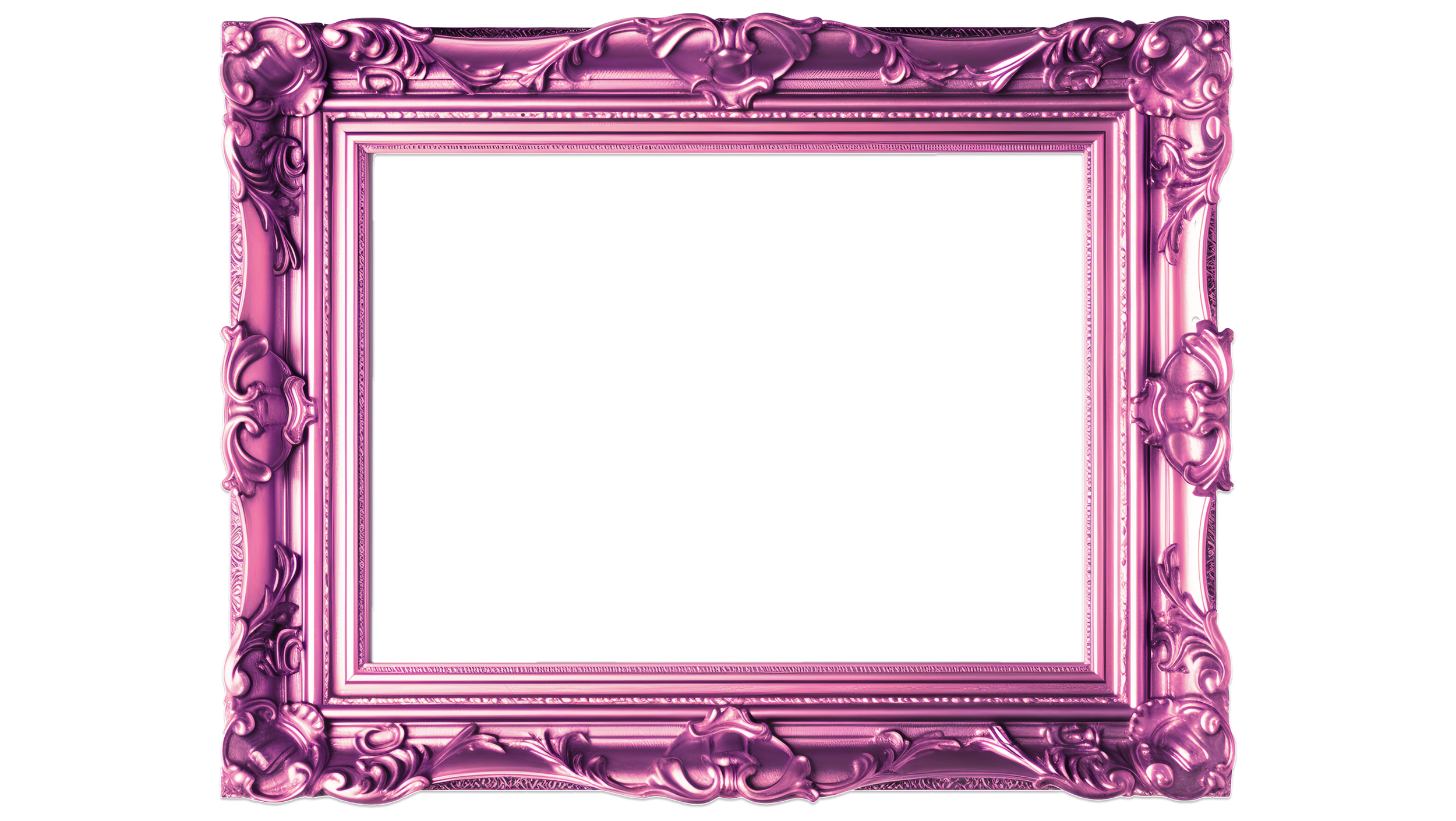 An ornate pink picture frame with intricate floral and scroll designs.