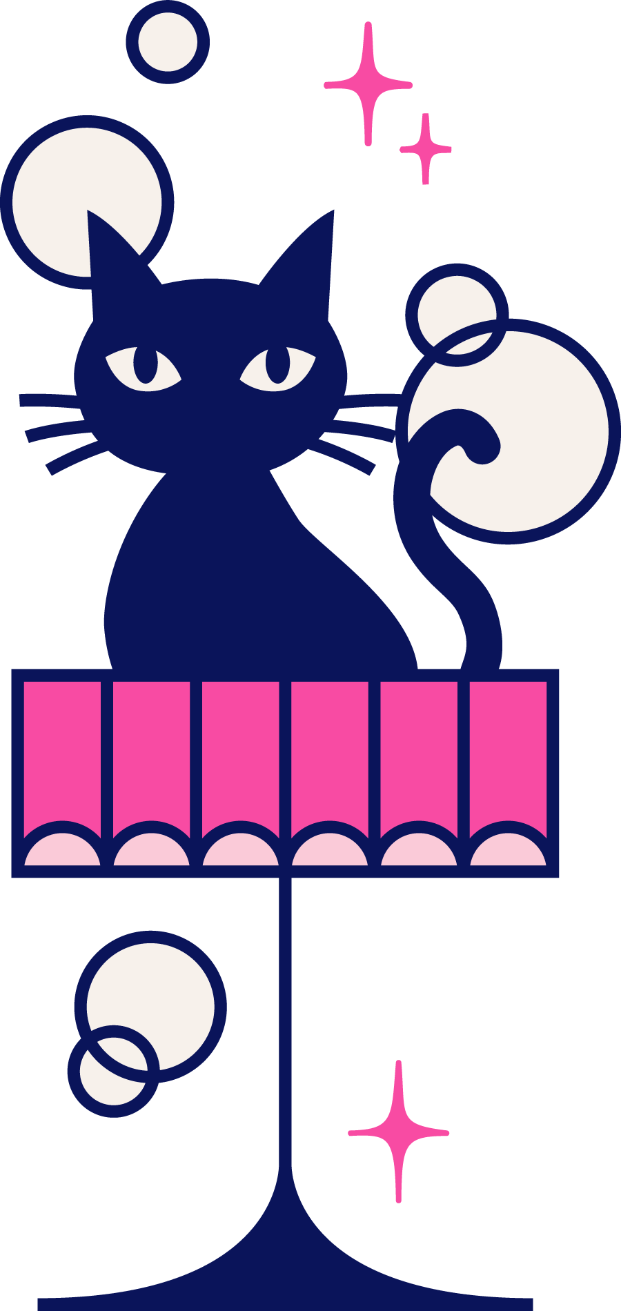 Stylized illustration of a black cat sitting on a pink party hat with a white pompom, surrounded by pink sparkling stars and white bubbles, on a black background.