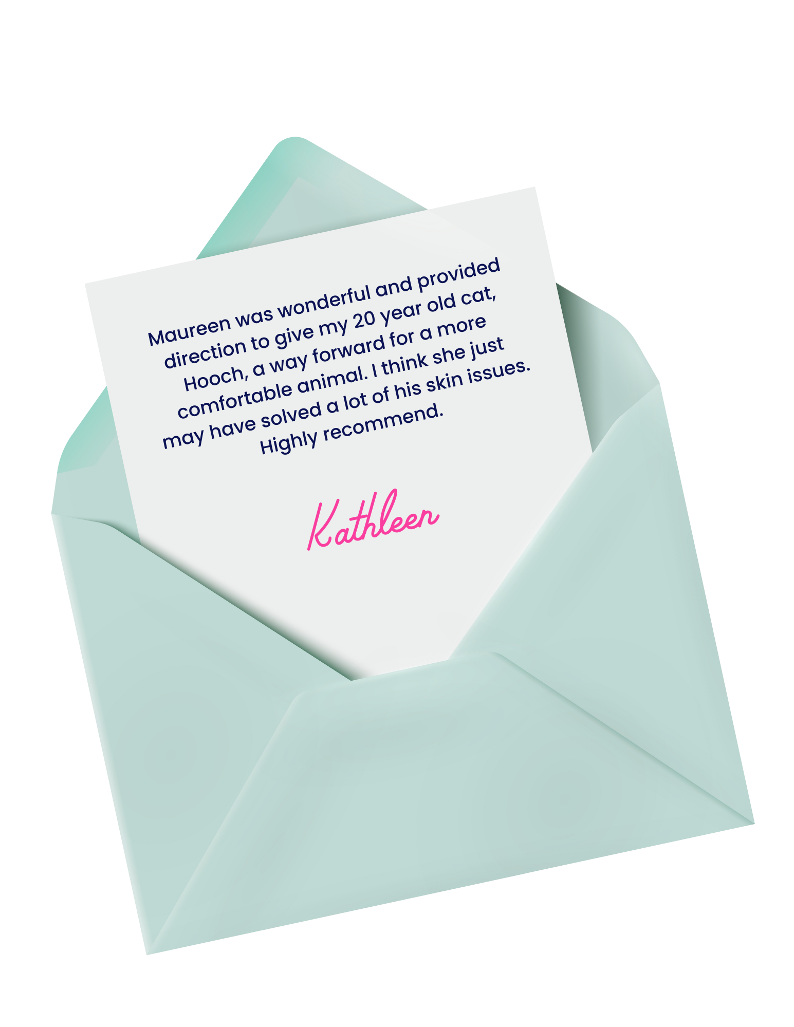A light blue envelope containing a handwritten note of positive feedback about a pet product, signed by Kathleen.