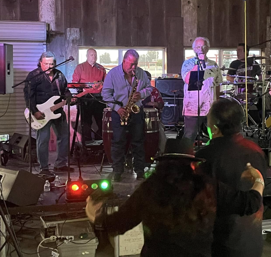A band of five musicians performs on stage in a wooden venue with large windows, playing guitar, keyboard, saxophone, vocals, and drums, with audience members dancing in front.