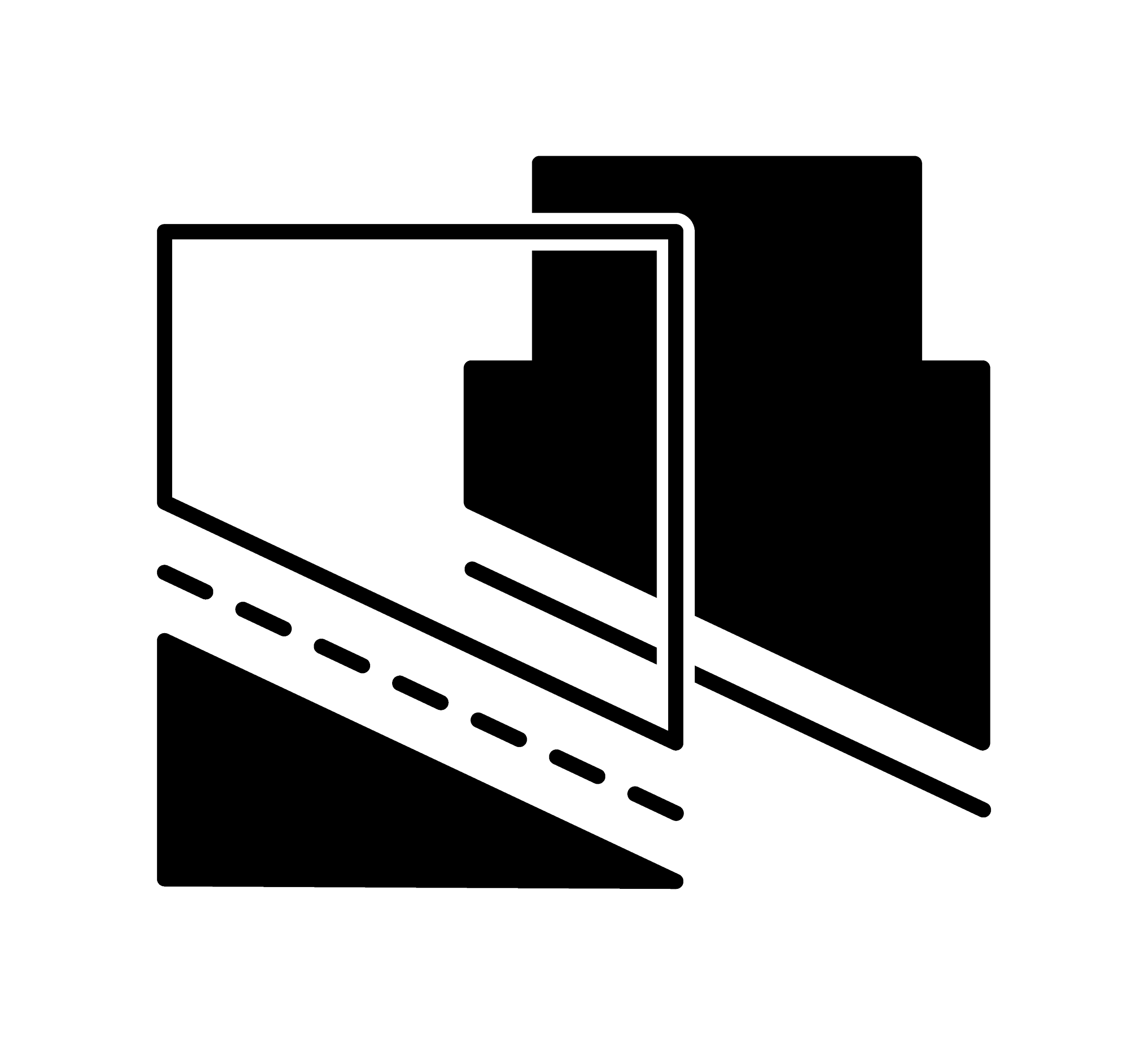 Line drawing of multiple computer monitors arranged on a desk.