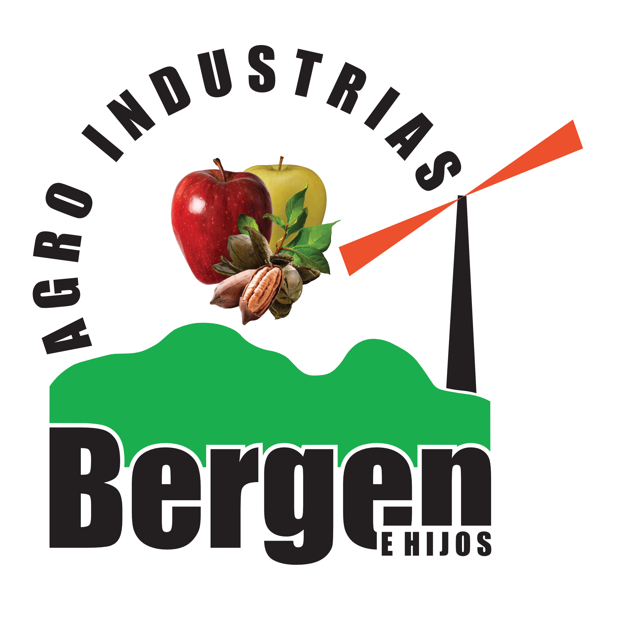 A logo of a company that makes pecan cleaning equipment and apple sorting equipment. The logo contains two apples and some pecans, with a graphic of a mountain and a wind machine.