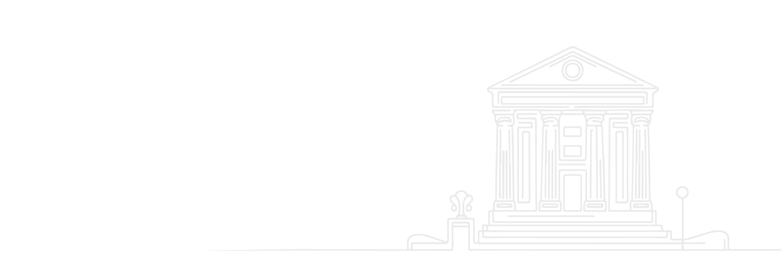 Outline of a courthouse building with columns and stairs, flanked by street lamps and decorative bushes.