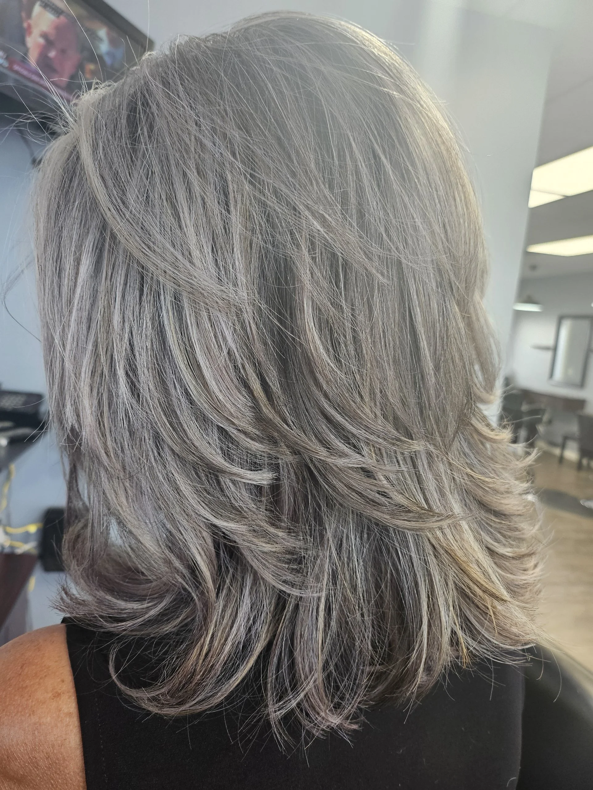 Close-up of a woman's shoulder-length, layered, silver-gray hair with soft waves, in a hair salon.
