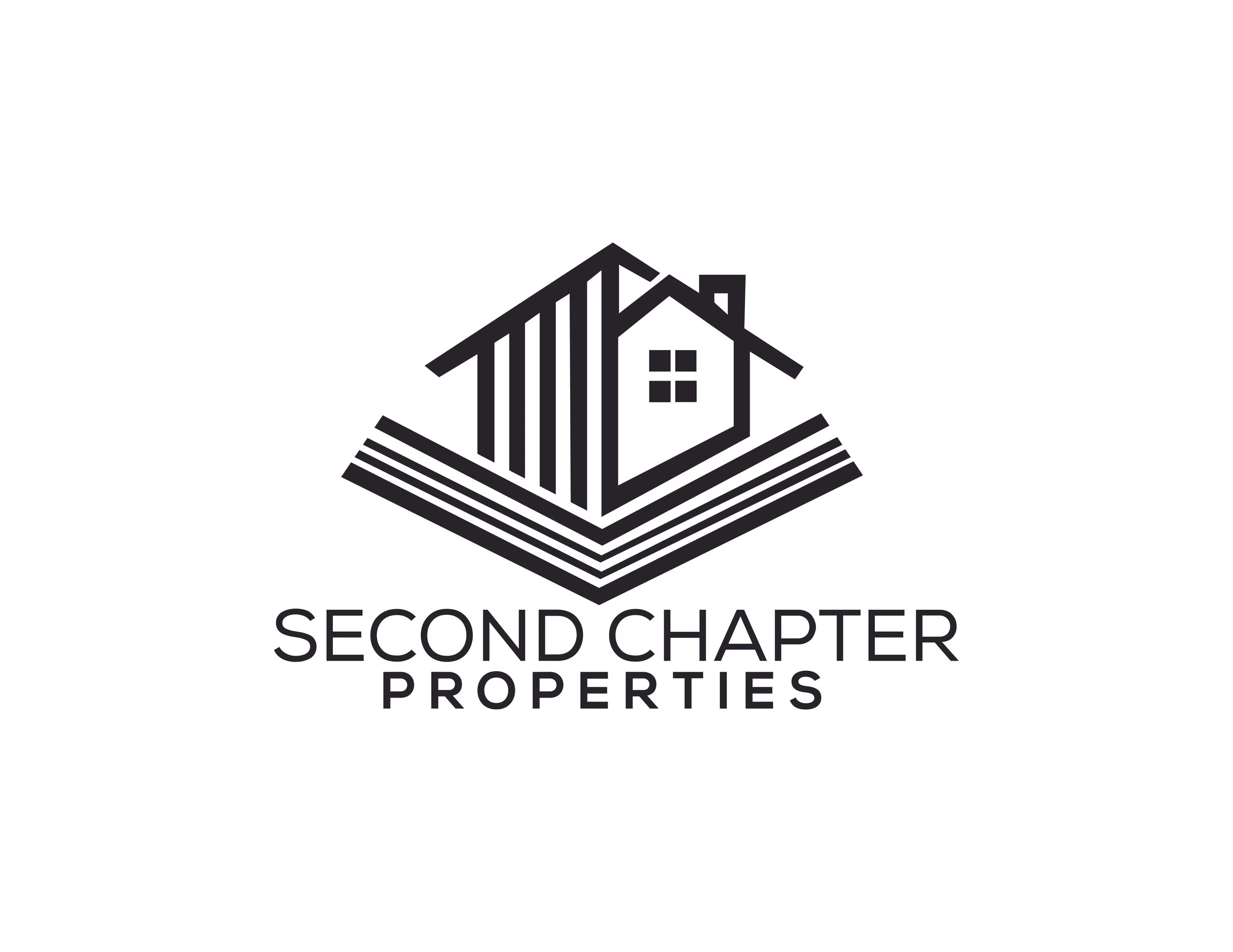 Logo of a house with a roof, window, and side wall, emerging from a book with layered pages, with the text 'Second Chapter Properties' below.