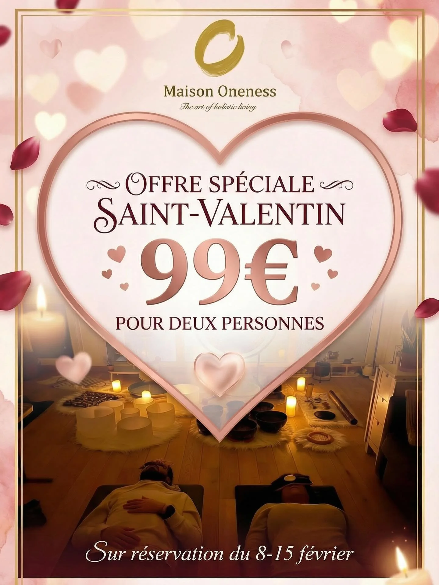 Pour la Saint-Valentin, Maison Oneness propose
une session de sound healing en duo,
pens&eacute;e pour les couples, les amis proches
ou deux &acirc;mes qui ont envie de se retrouver autrement.

Allong&eacute;s c&ocirc;te &agrave; c&ocirc;te,
les vibr