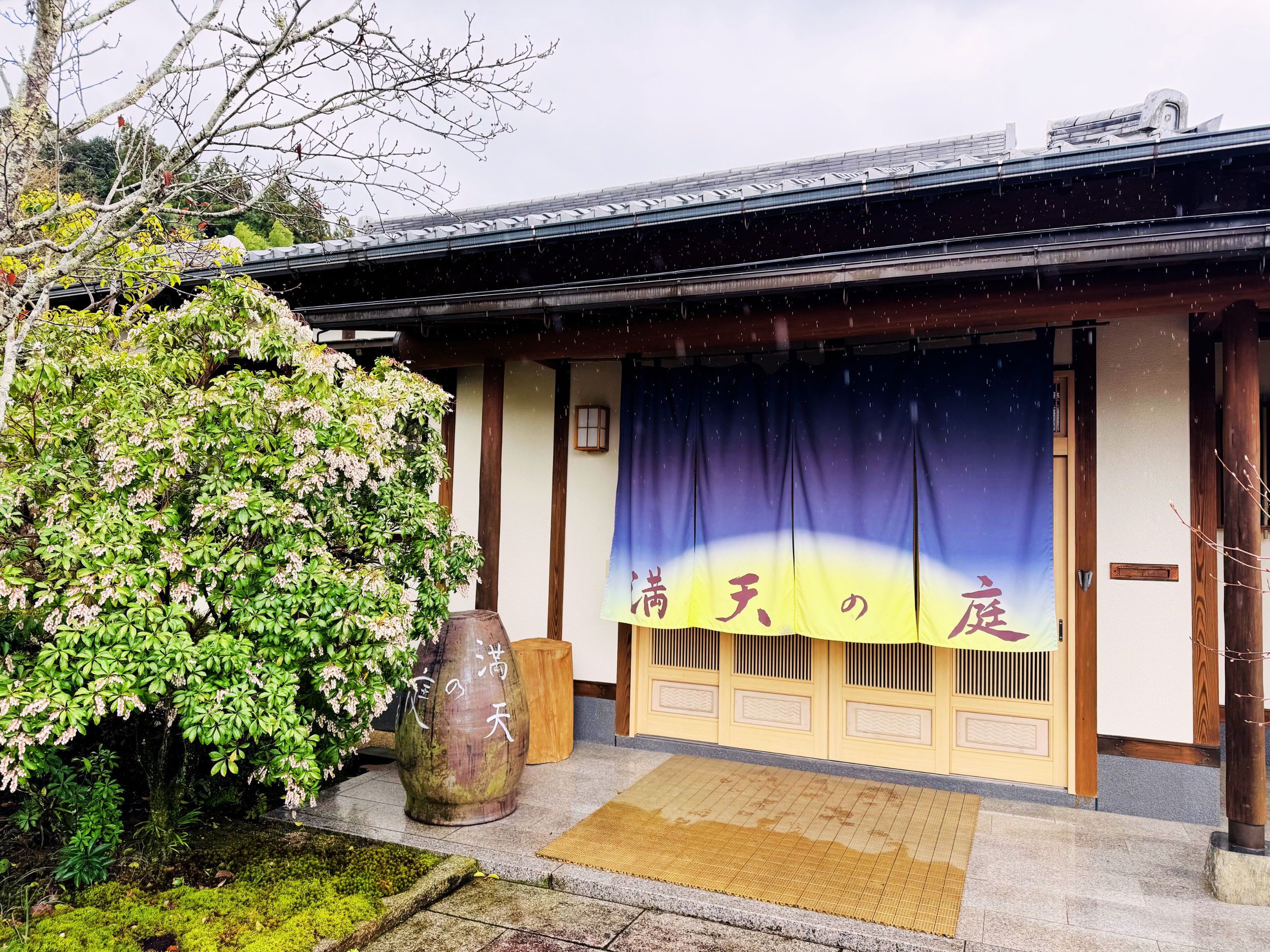 Traditional Japanese entrance with a noren curtain, a flowering shrub, a large pot, and mossy ground outside a building, during rain.