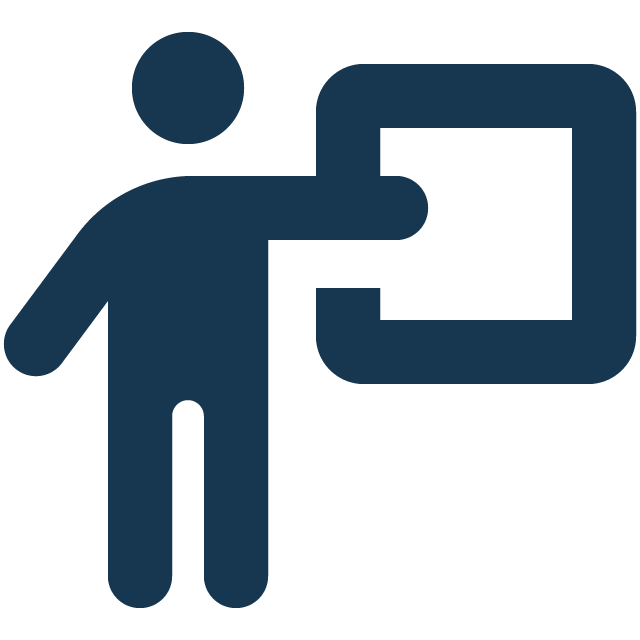 A line-art drawing of a teacher in front of a chalkboard.