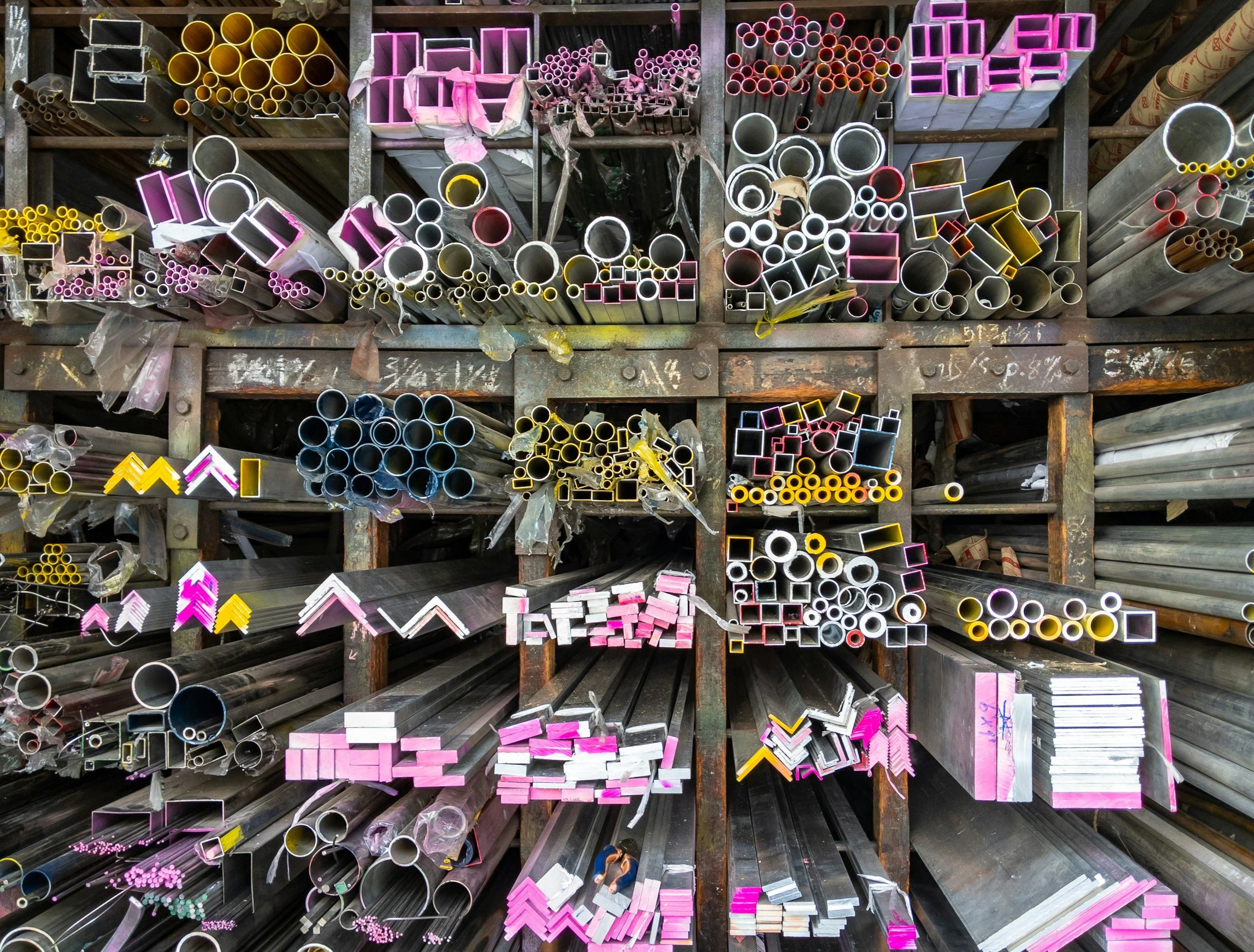 A storage rack filled with various metal pipes and tubes in different sizes and shapes, organized in compartments, with some tubes painted or color-coded in pink, yellow, and black.