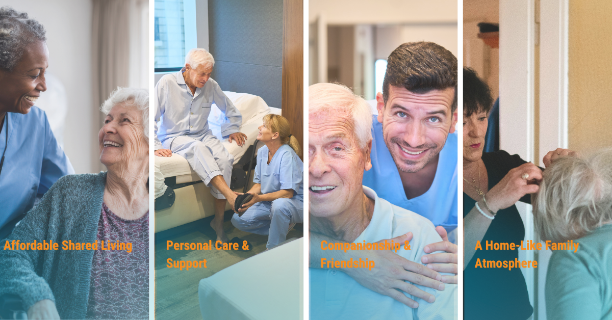 Four scenes of elderly care: caregivers and seniors in a shared living, medical support, companionship, and home-like family environment, with orange text overlaying each scene describing the setting.