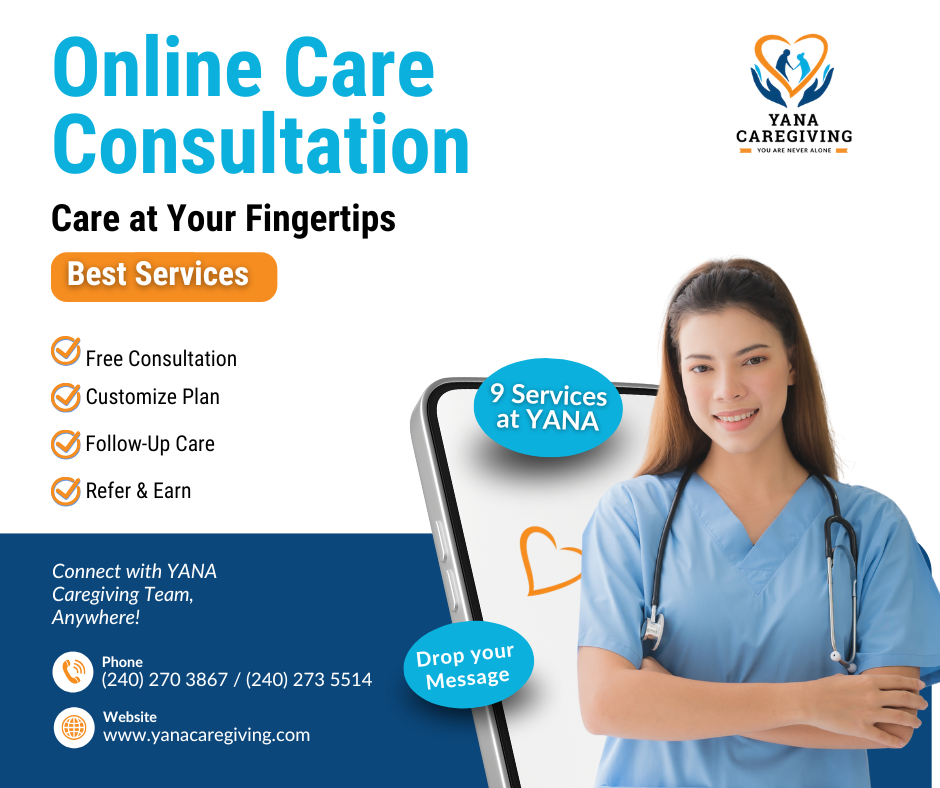 A promotional flyer for YANA Caregiving offering online care consultations. The flyer features a young female healthcare professional in scrubs with a stethoscope. It lists services including free consultation, customized plan, follow-up care, and referral & earning. The flyer highlights 9 services available at YANA, with options to connect via phone or website, and encourages messaging.