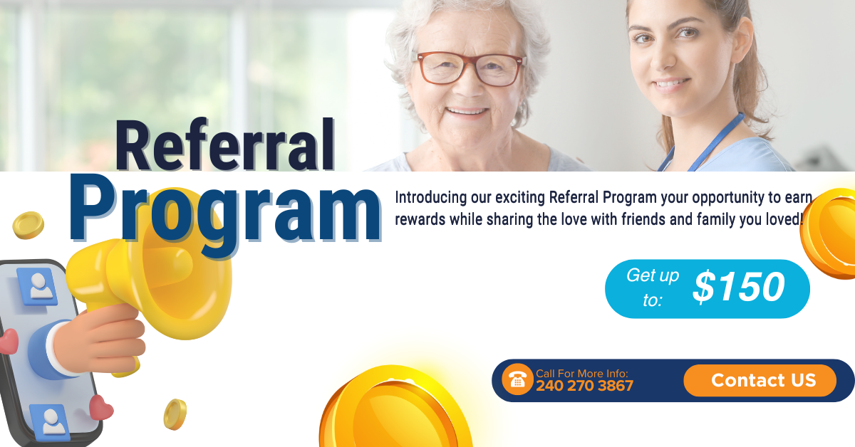 A promotional image for a referral program featuring a smiling elderly woman and a young woman, with illustrations of coins, a smartphone, and contact information.