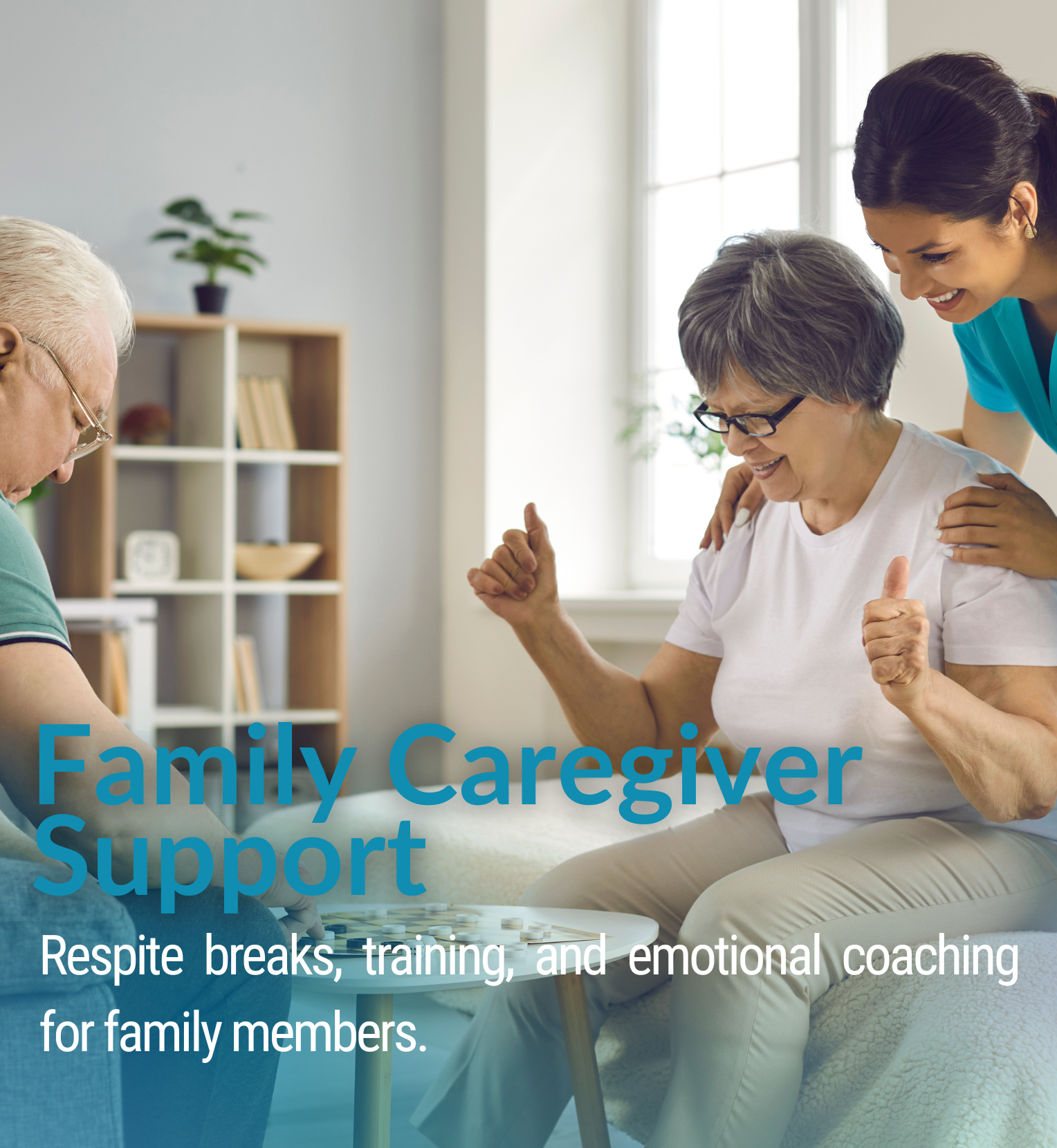 Three family members, an elderly woman, a middle-aged man, and a caregiver woman, enjoying quality time and playing a game together indoors, smiling and engaging in a family activity.