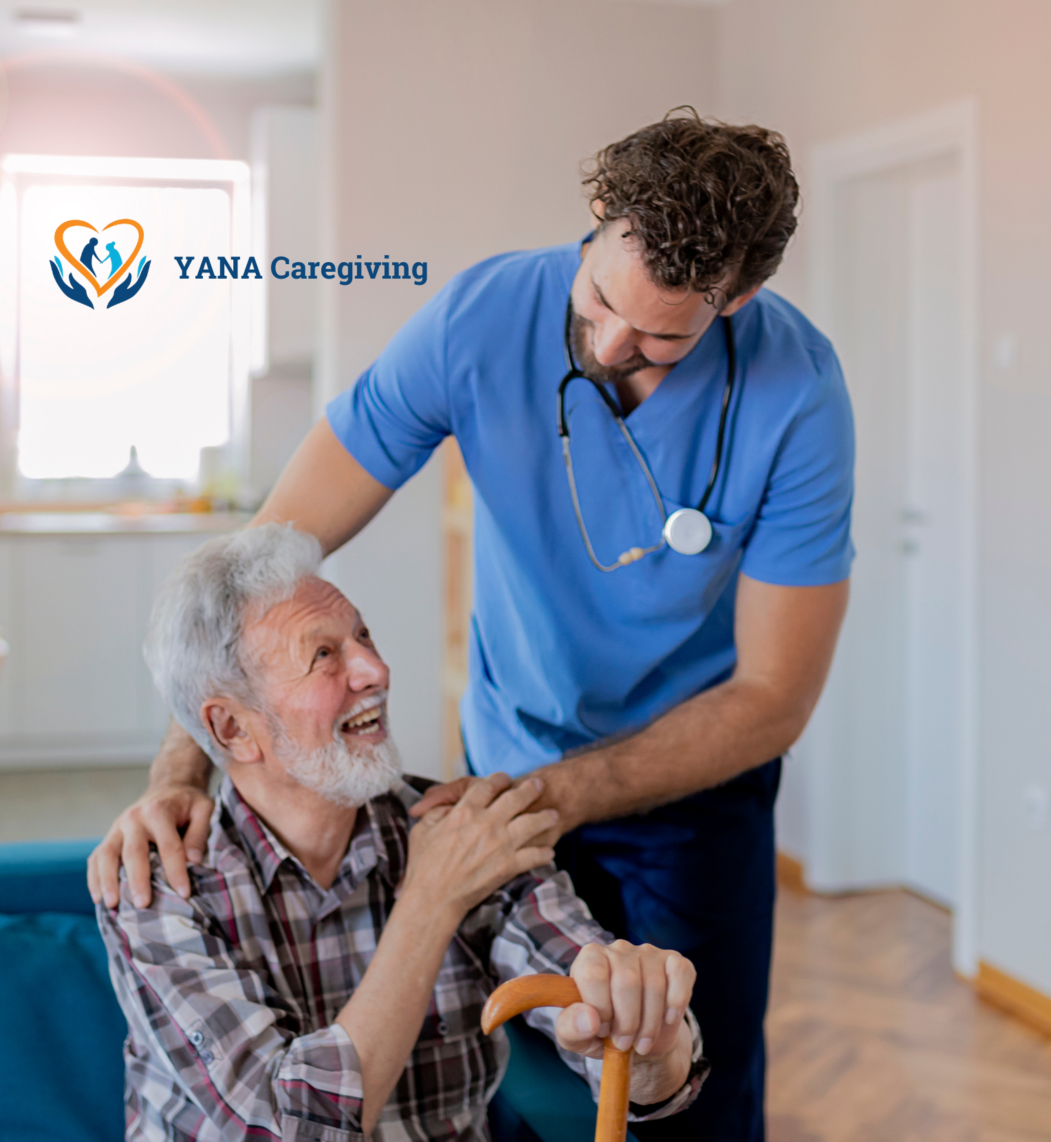 A male nurse talking to an elderly man with a cane in a care home, smiling and engaging in friendly conversation.