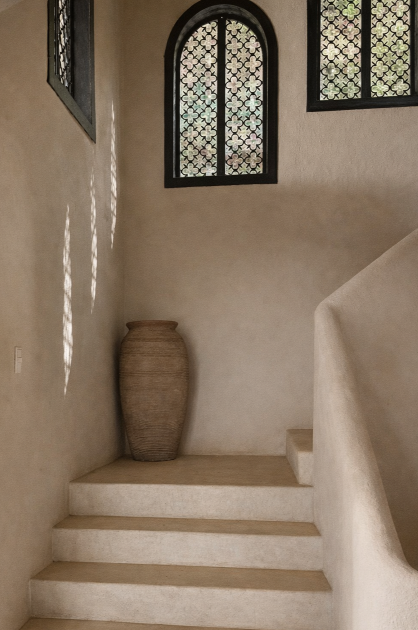 A quiet interior moment at ZAIA, where hand-finished plaster walls, arched windows, and natural light create a serene transition between spaces. Thoughtful architectural details reflect the villa’s grounded, timeless design.